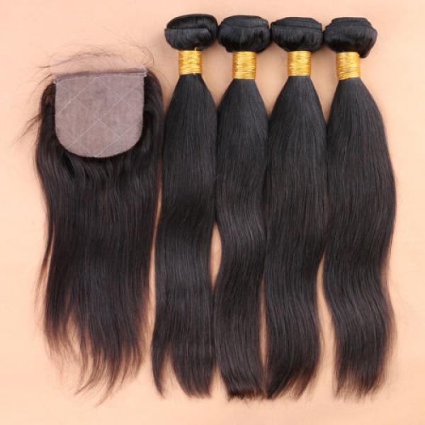 Peruvian Straight Virgin Hair With Silk Base Closure With Baby Hair 4 Bundles #1 image