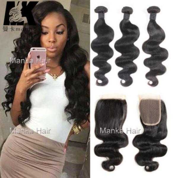 Peruvian Human Virgin Hair Body Wave 4*4 1PC Lace Closure with 3 Bundles #1 image