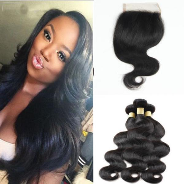 4x4&#034; Lace Closure W/ 3pcs Human Hair Bundles Unprocessed Peruvian Virgin Hair 1B #1 image