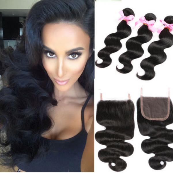 Peruvian Body Wave 4*4 1PC Lace Closure with 3 Bundles Human Virgin Hair Weave #1 image