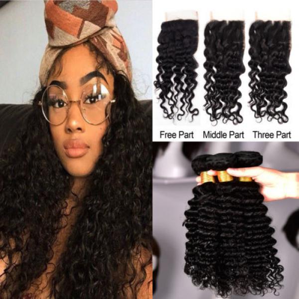 3 Bundles with Lace Closure Peruvian Virgin Hair Deep Wave Human Hair Extensions #1 image